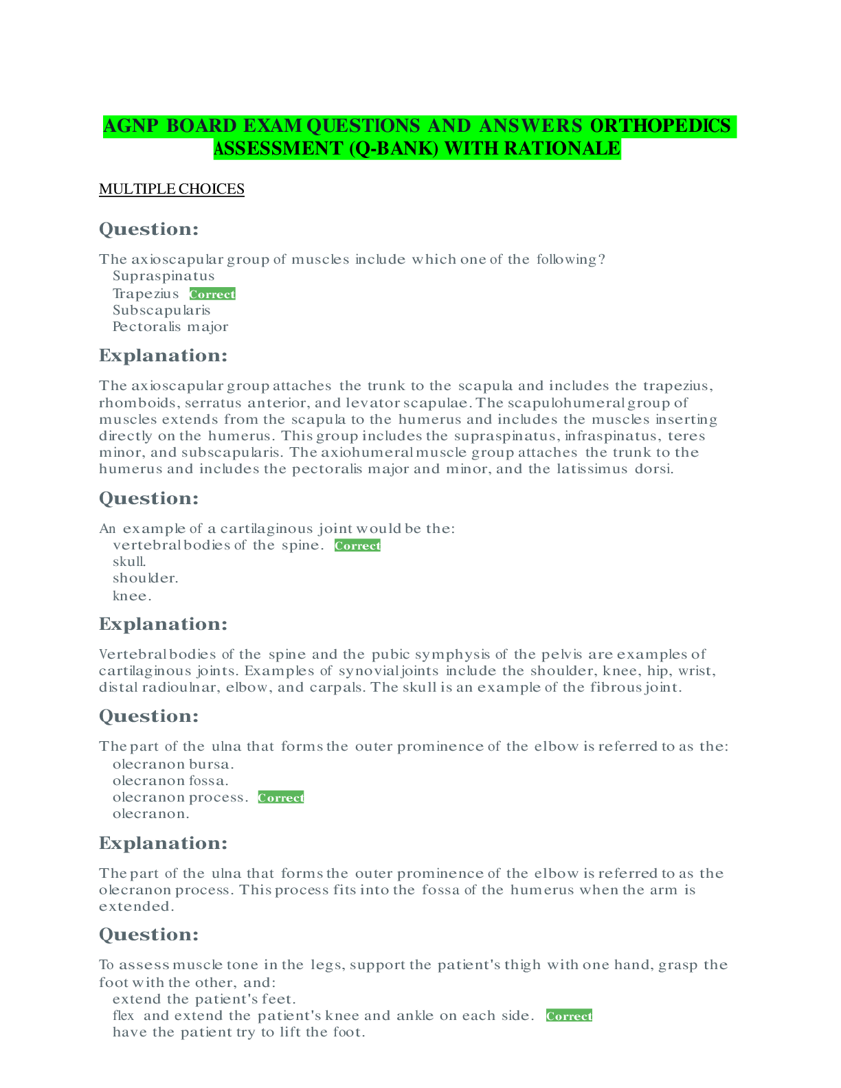 Preview image for AGNP BOARD EXAM QUESTIONS AND ANSWERS ORTHOPEDICS ASSESSMENT (Q-BANK) WITH RATIONALE